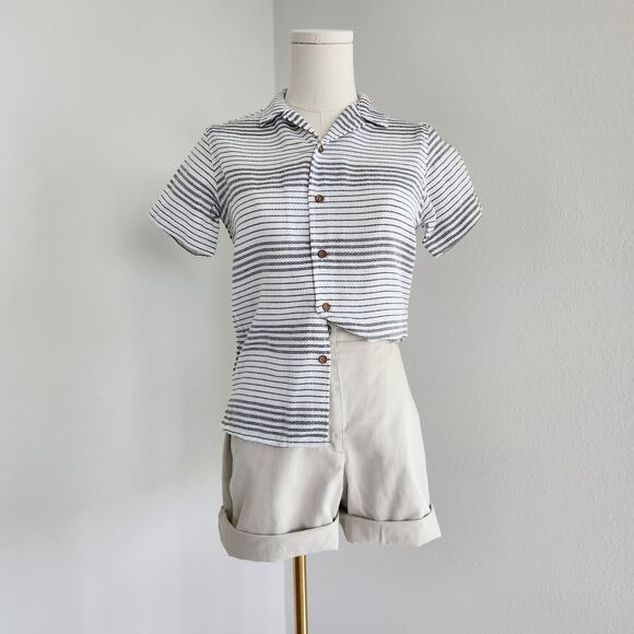 American Vintage Tops - Y2K Distortion Black White Striped Button Up Collared Short Sleeve Top S